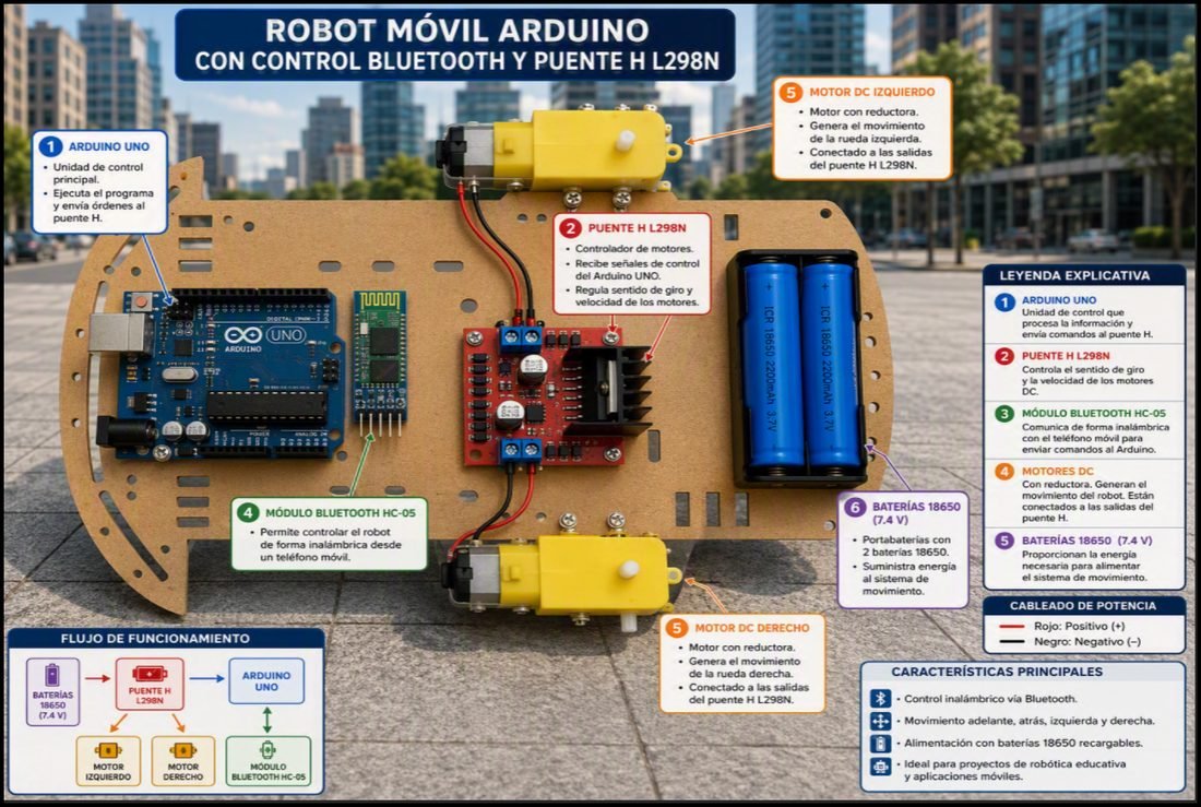 Diagrama explicado de un robot móvil con Arduino, L298N, Bluetooth y motores